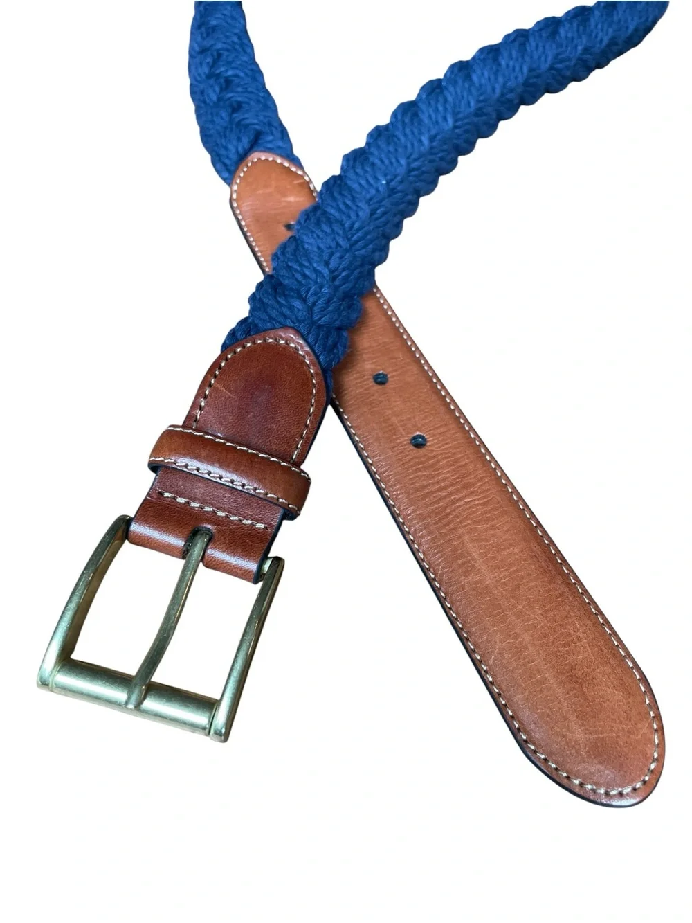 Jos A Bank Woven Leather Cotton Belt Men’s Sz 36 Blue Brown Golf Casual Denim